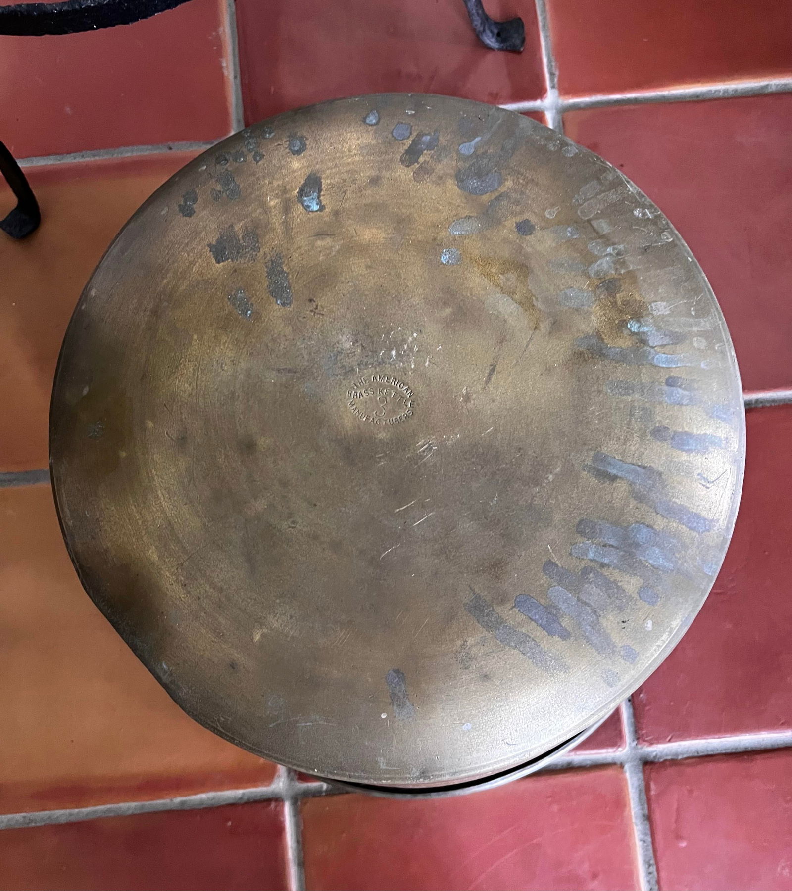 Antique Early American Brass Sugar Kettle With Hand-Hammered Iron Stand - 9