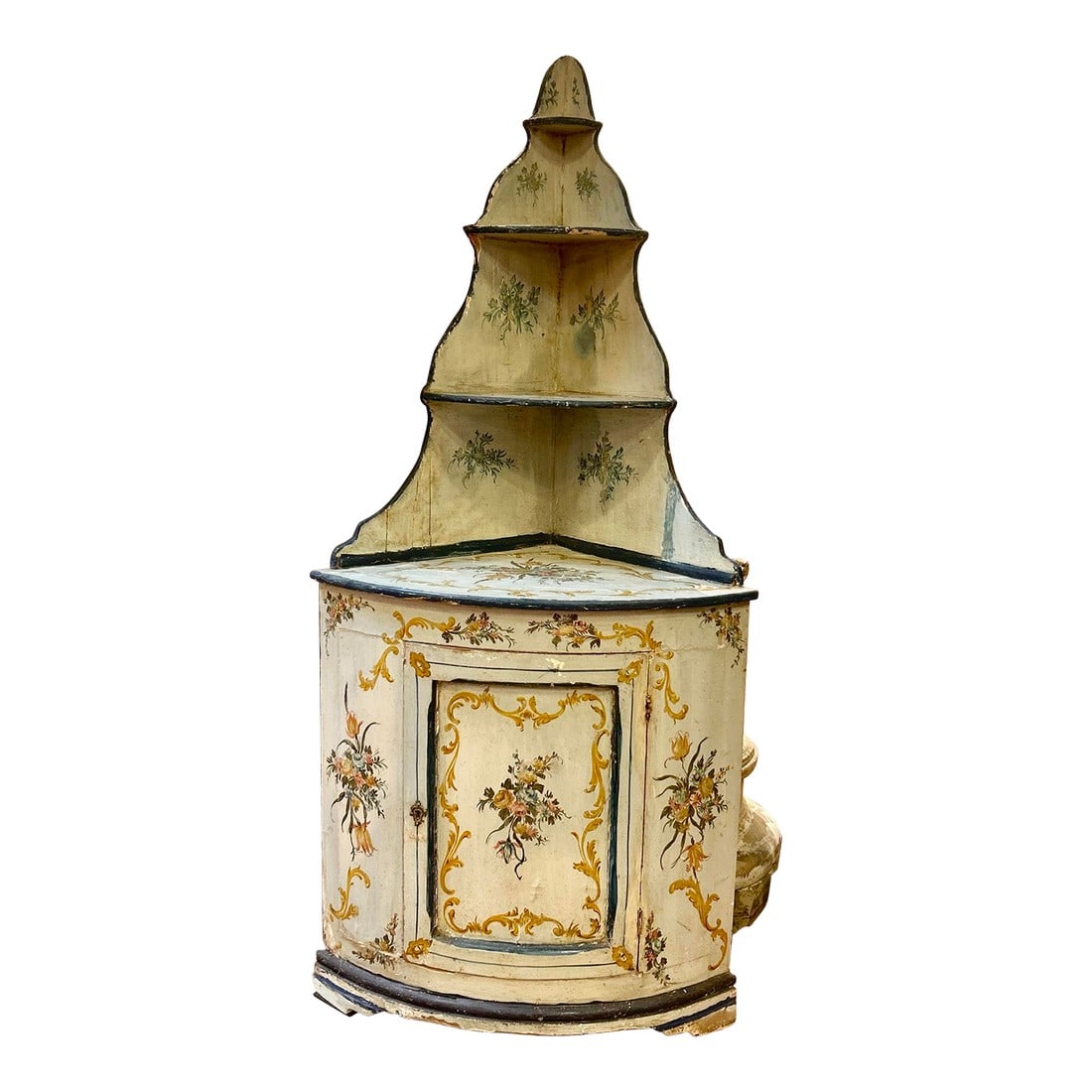 Petite Continental 20th Century Painted Corner Cupboard: Early 20th century painted petite Italian corner cupboard Lovely decoration and wonderful small size can fit just about anywhere Condition: Original Condition Unaltered; Some Imperfections; Paint is c