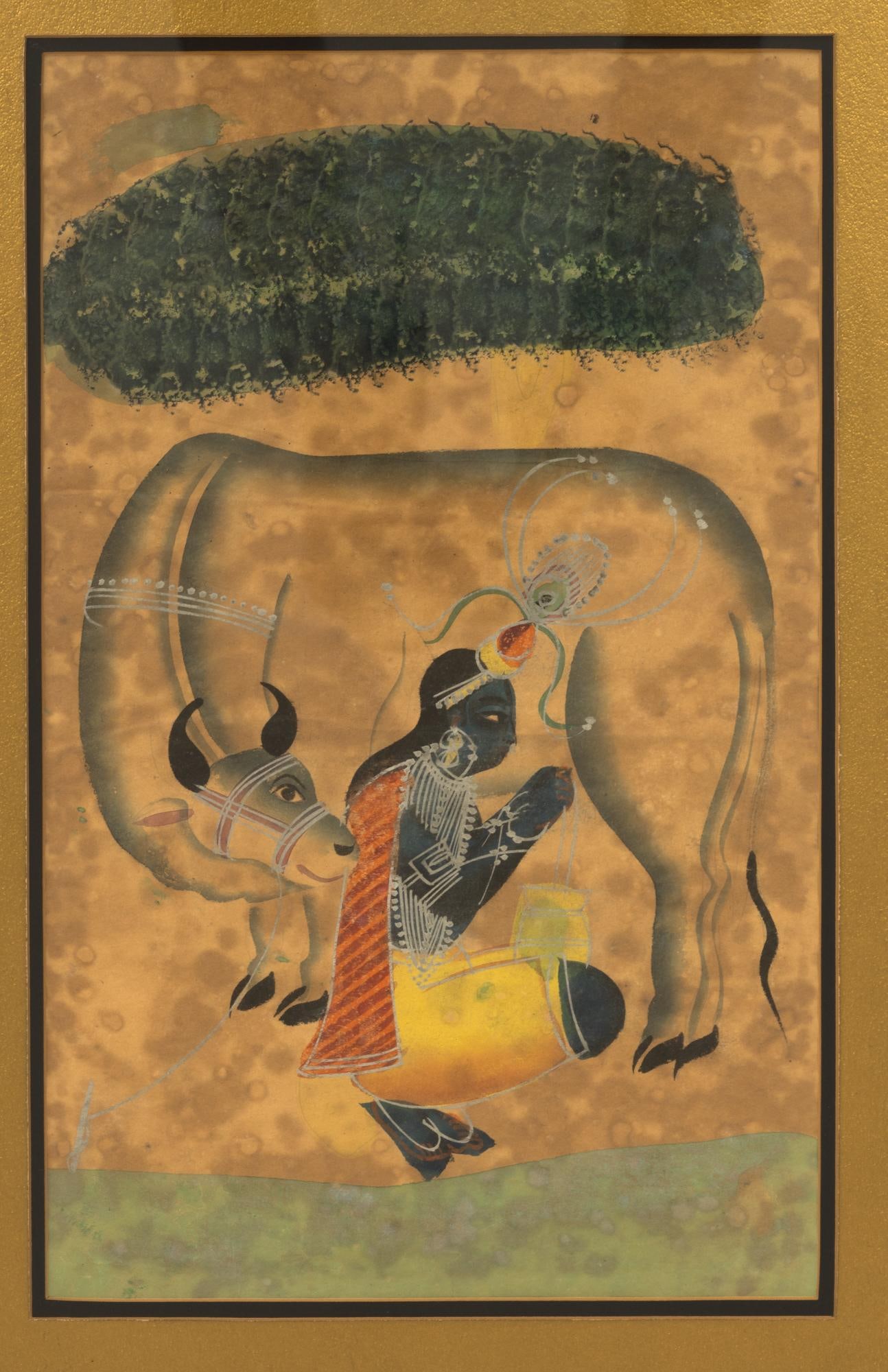 Antique 19th Century Indian Kalighat Painting of Krishna Milking Cow, Framed - 2