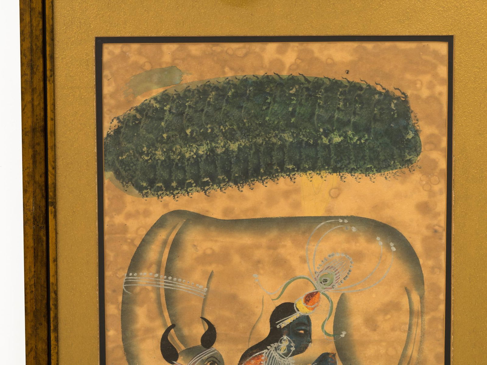 Antique 19th Century Indian Kalighat Painting of Krishna Milking Cow, Framed - 4