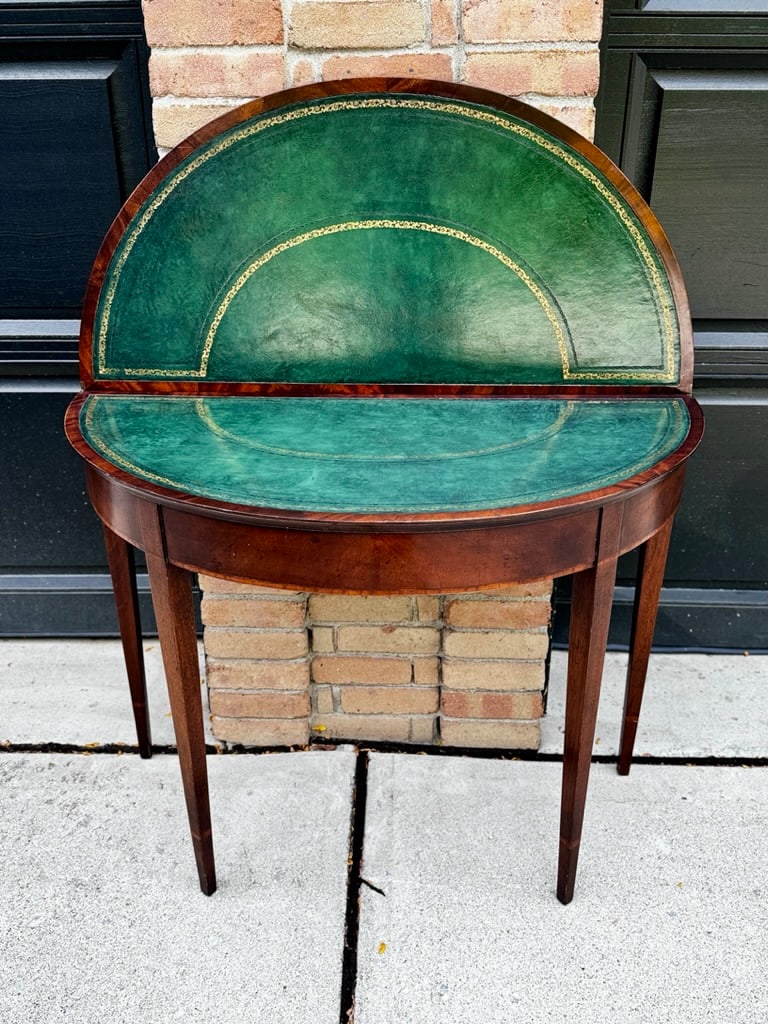 Antique Emerald Green Leather Top Flame Mahogany Table - 2