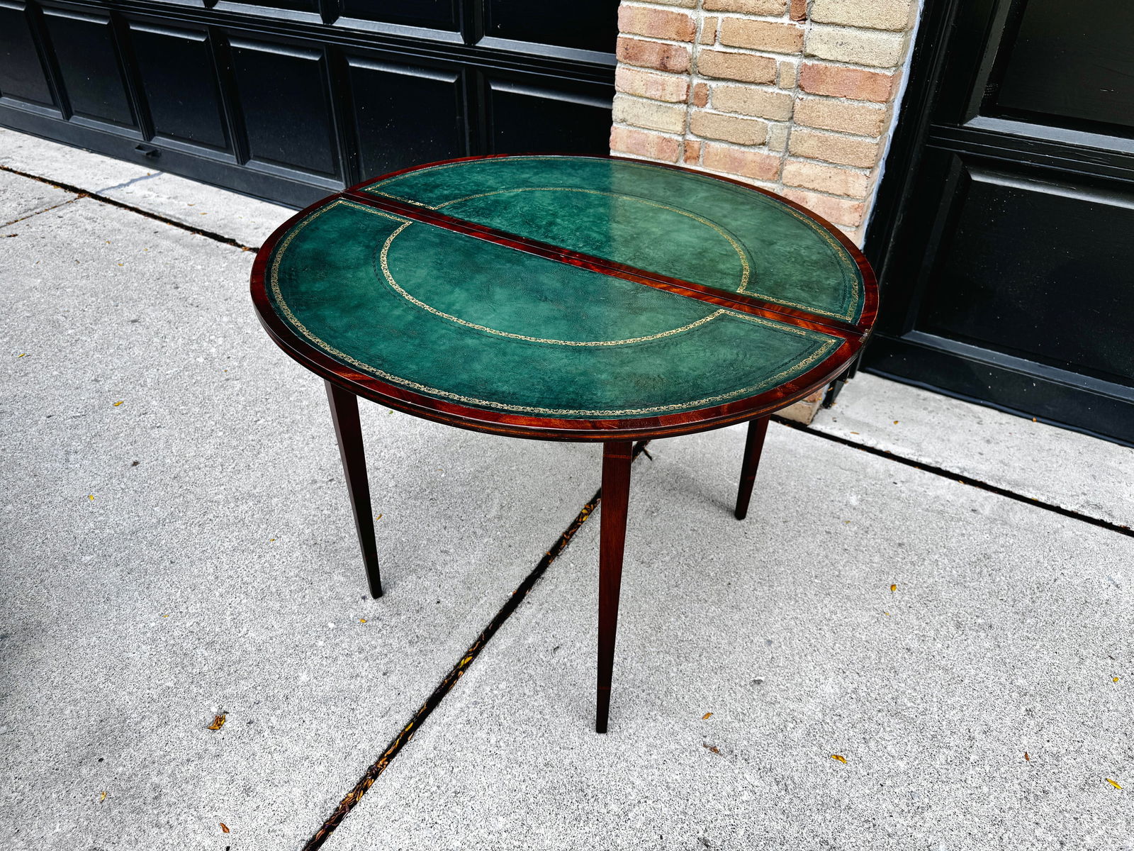 Antique Emerald Green Leather Top Flame Mahogany Table - 3