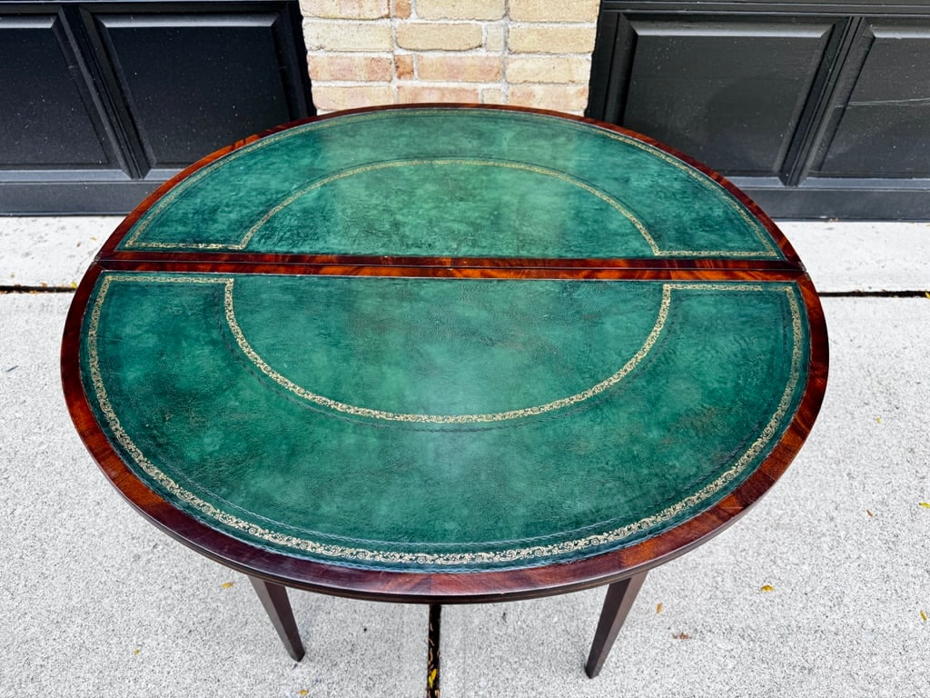 Antique Emerald Green Leather Top Flame Mahogany Table - 4