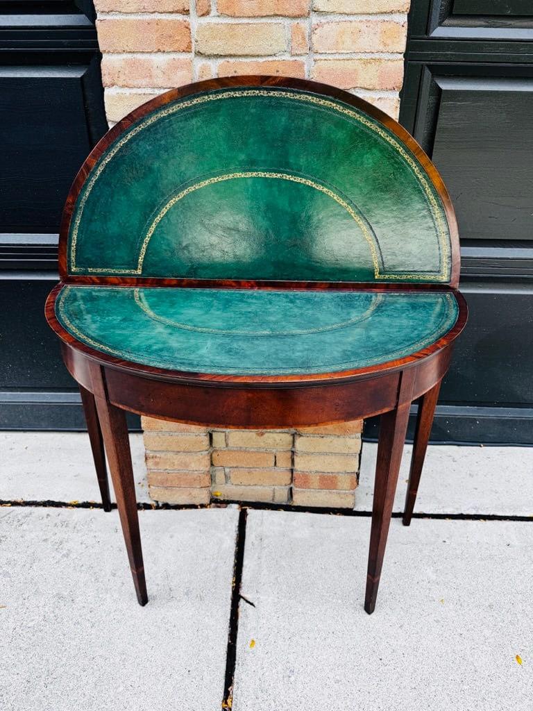 Antique Emerald Green Leather Top Flame Mahogany Table - 6