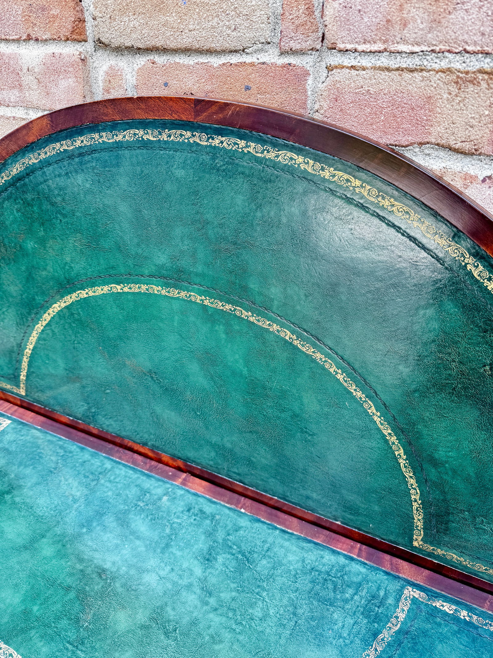 Antique Emerald Green Leather Top Flame Mahogany Table - 7