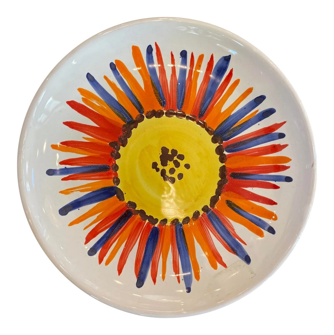 Vintage Mid Century Italian Floral Pottery Plate: This is a beautiful vintage Italian ceramic plate with a hand painted floral detail on the top center of the plate. It has wonderful shades of yellows and oranges as well as striking navy. It does