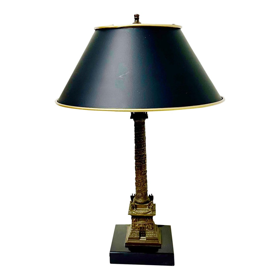 19th Century French Grand Tour Ormolu Lamp: A French grand tour ormolu lamp with four eagles. Lamp has a marble base and comes with its black paper shade with gold on the inside that reflects light. The lampshade measures ten inches by five inc