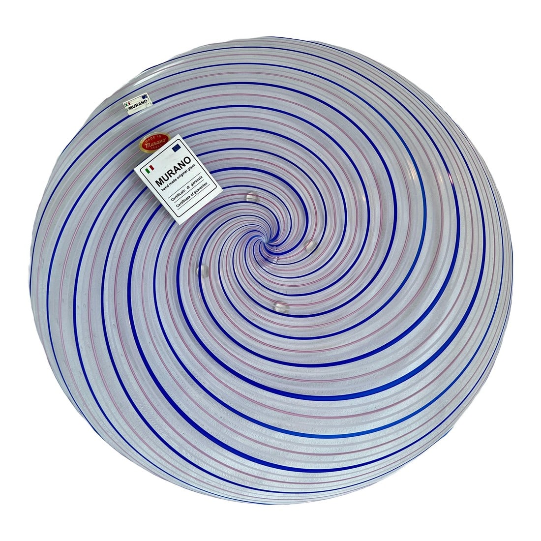 Late 20th Century Murano Filigrana Art Glass Decorative Plate: Large Murano art glass centerpiece plate, made of hand-blown clear glass with blue, white and light purple filigrana bands that create it's beautiful swirl. Plate sits on 4 clear feet and between them