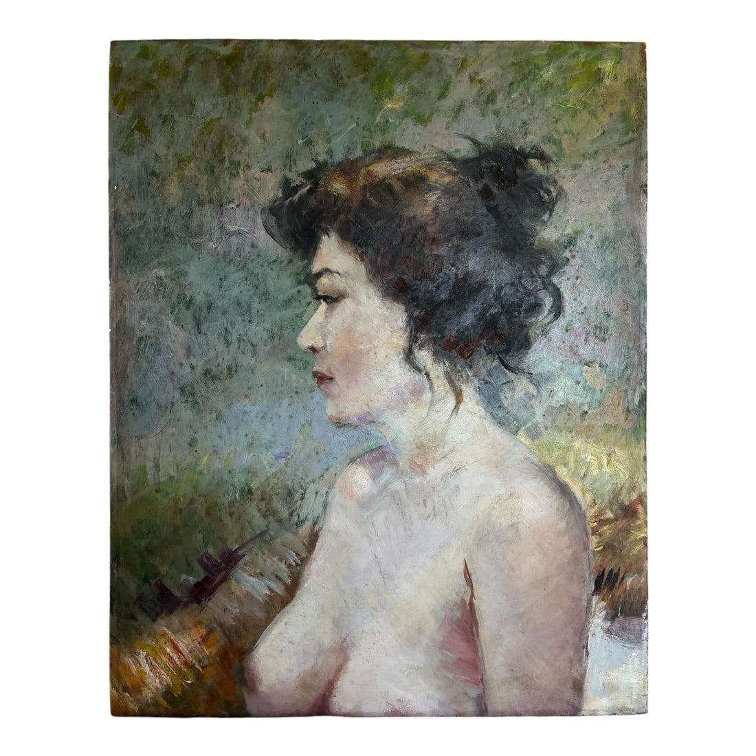 1970s Oil on Board Portrait Painting of Nude Woman: Oil on Masonite nude painting of a woman. This painting is from Brazil and Is signed and titled in Portuguese on the back. Condition: Original Condition Unaltered; Some Imperfections; Age appropriate