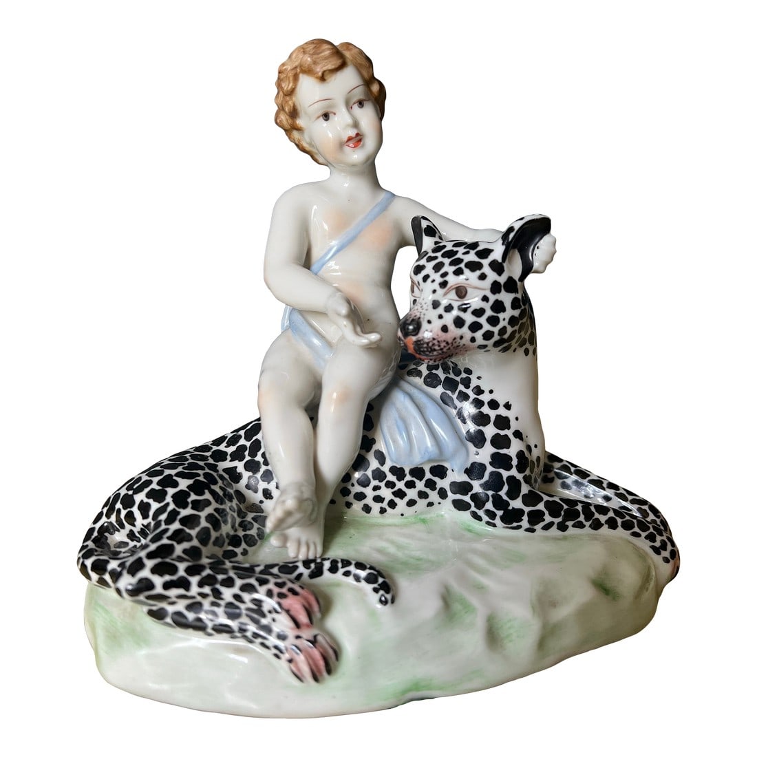 Vintage Mottahedeh Figurine With Leopard and Child: Spectacular vintage Mottahedeh figurine depicts a child or cherub sitting atop a leopard. Fabulous details, makers mark on bottom. Perfect condition. Condition: Original Condition Unaltered; Some Impe