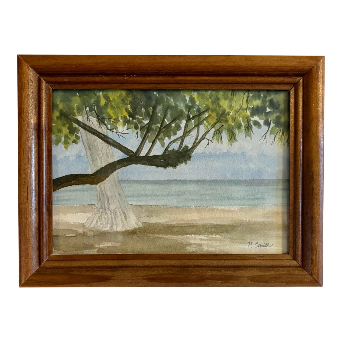 Original Watercolor Painting - Cool Caribbean, Framed: A cool, shady spot on the beach along the ocean. Enjoy this ocean view under the dense leaves of this Caribbean tree. Frame is vintage solid wood. Condition: Original Condition Unaltered; Some