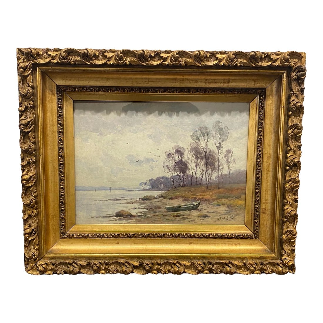 Antique Archibald W Hogg 19th Century Landscape Seascape Painting in Ornate Gold Frame (1 of 4)
