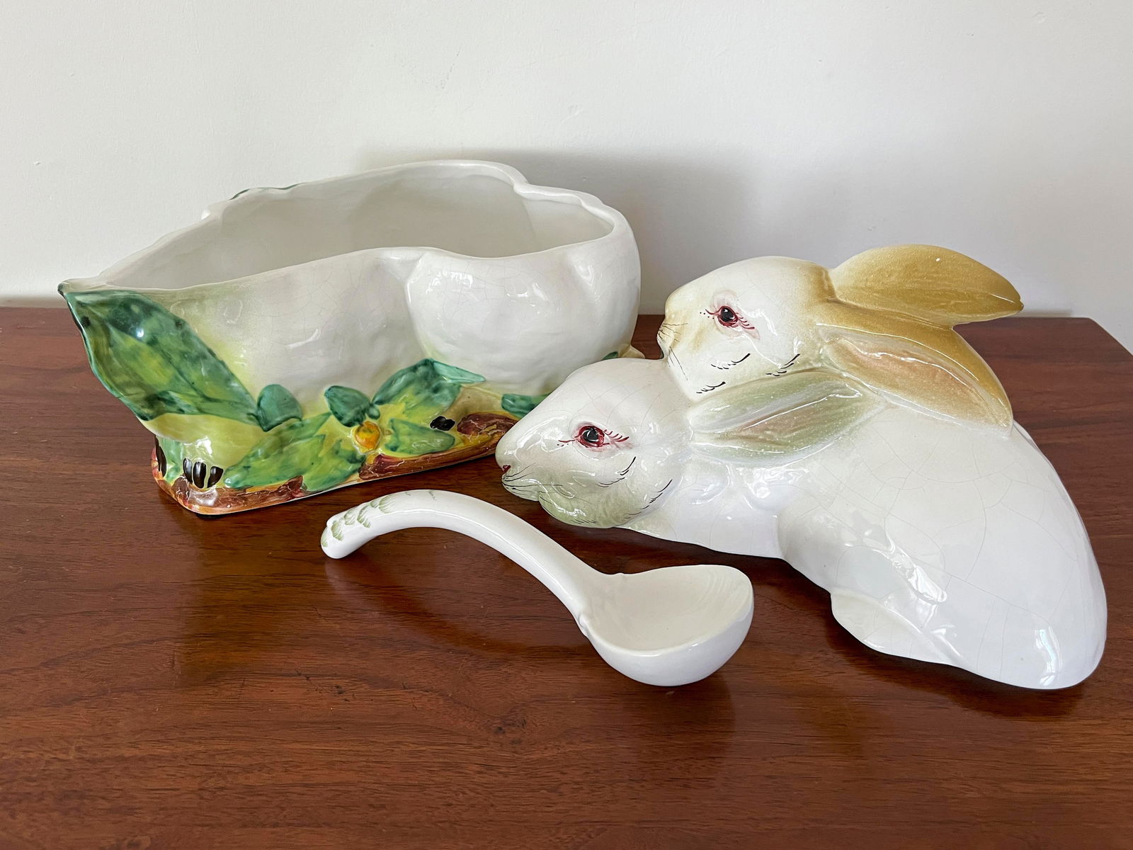 Large 1960s Vintage Nesting Rabbit Tureen With Ladle, Italian Majolica - 8