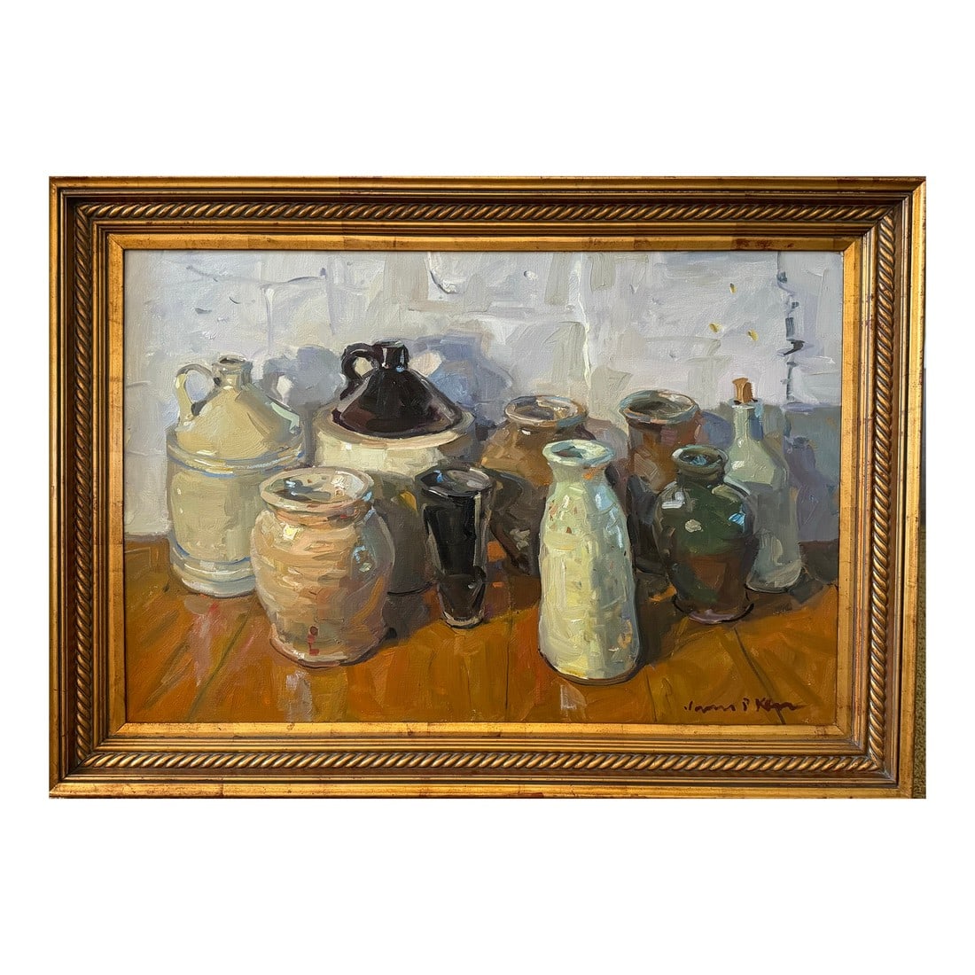 Crock and Jugs, Oil on Canvas by James P. Kerr, Framed: 24x36. Oil on canvas by Florida artist James P. Kerr. Still life of ceramics. Signed lower right of painting, signed and inscribed on the back. Condition: Original Condition Unaltered; Some Imperfecti