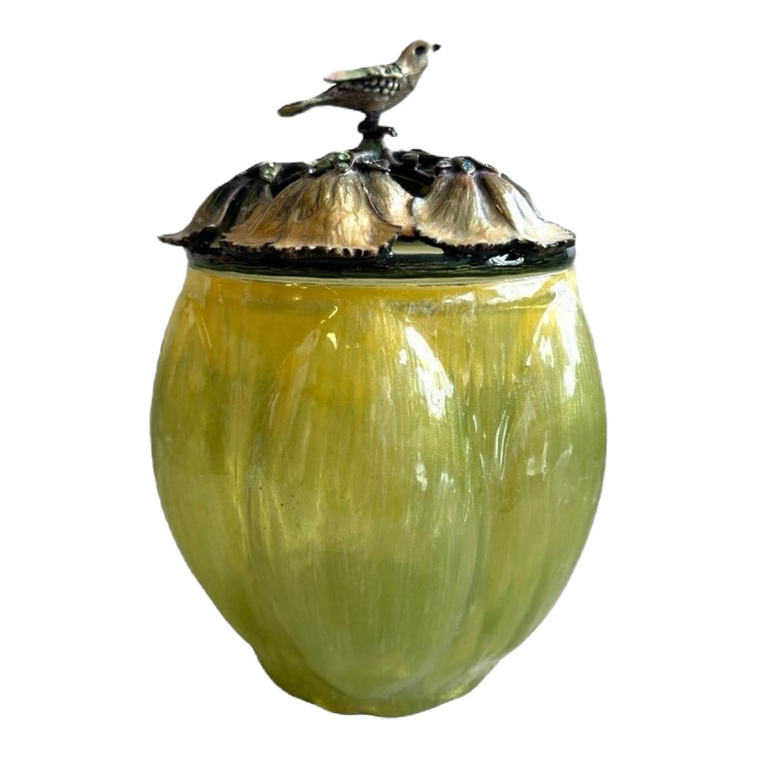 Vintage 1980's Jay Strongwater Large Opaline Jar: Excellent condition! beautiful green opaline jar designed by Jay Strongwater; a melon shaped jar; top covered by enameled ginkgo leaves with jeweled stems; a small jeweled bird perches at the top; a g