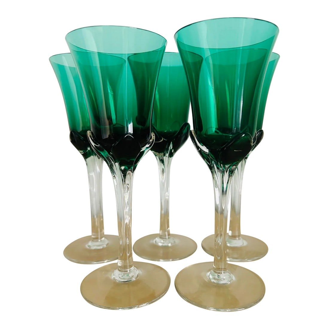 Antique Hand Blown Green Crystal Dessert Wine Glasses- Set of 5 (1 of 8)