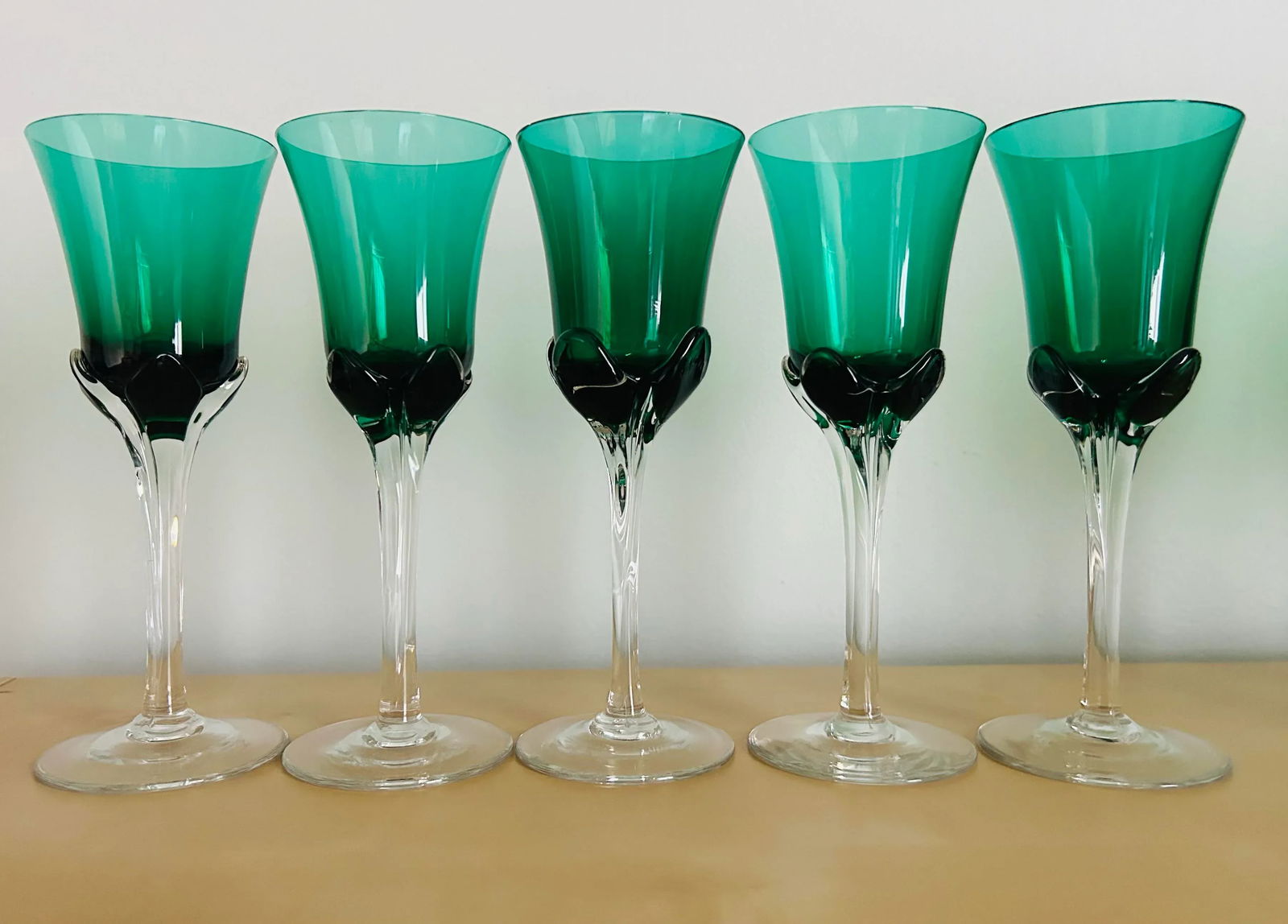 Antique Hand Blown Green Crystal Dessert Wine Glasses- Set of 5 - 2