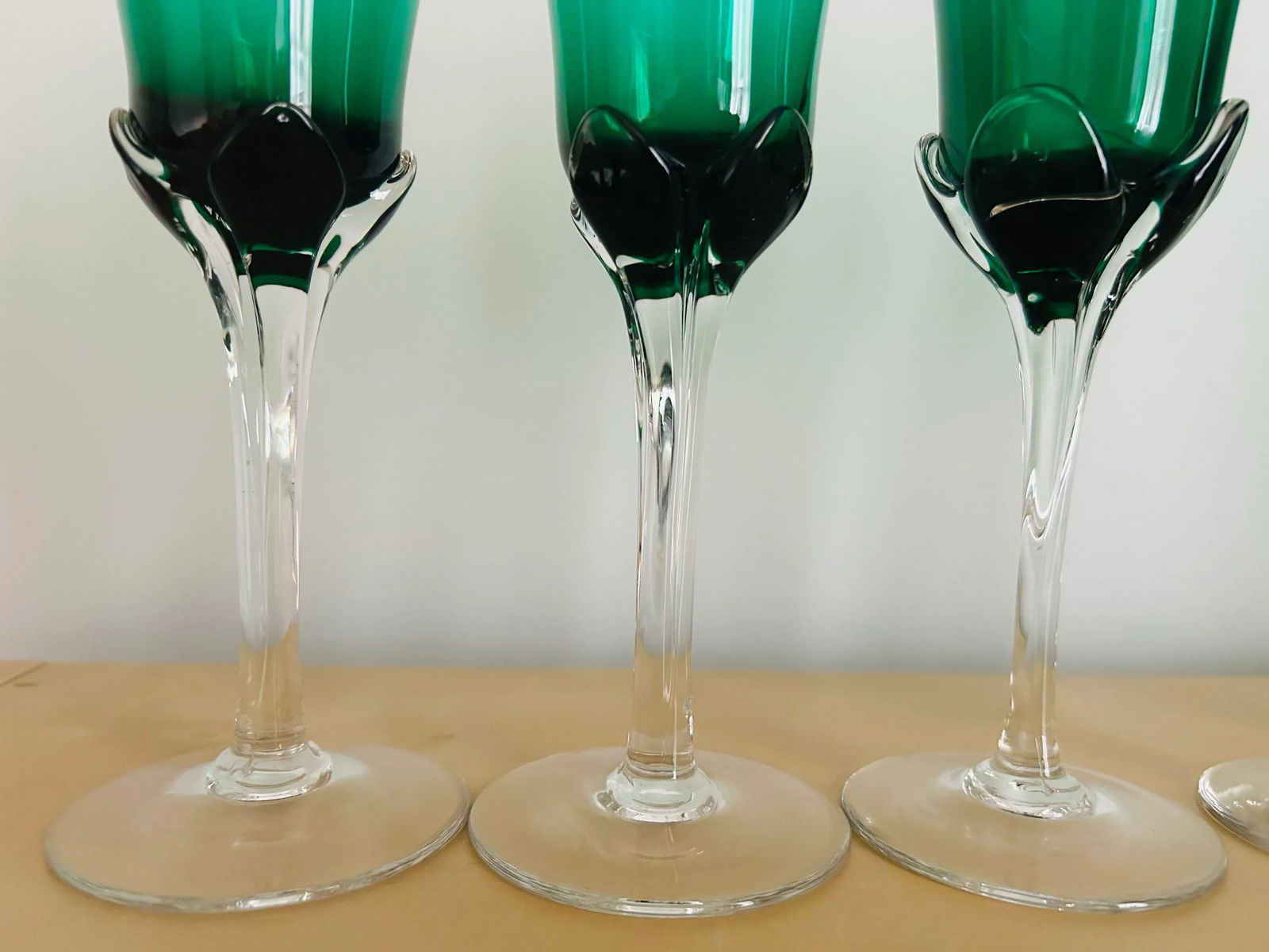 Antique Hand Blown Green Crystal Dessert Wine Glasses- Set of 5 - 4