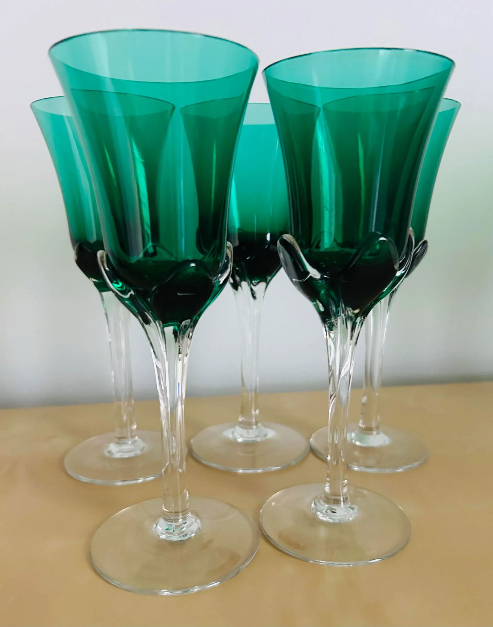 Antique Hand Blown Green Crystal Dessert Wine Glasses- Set of 5 - 6