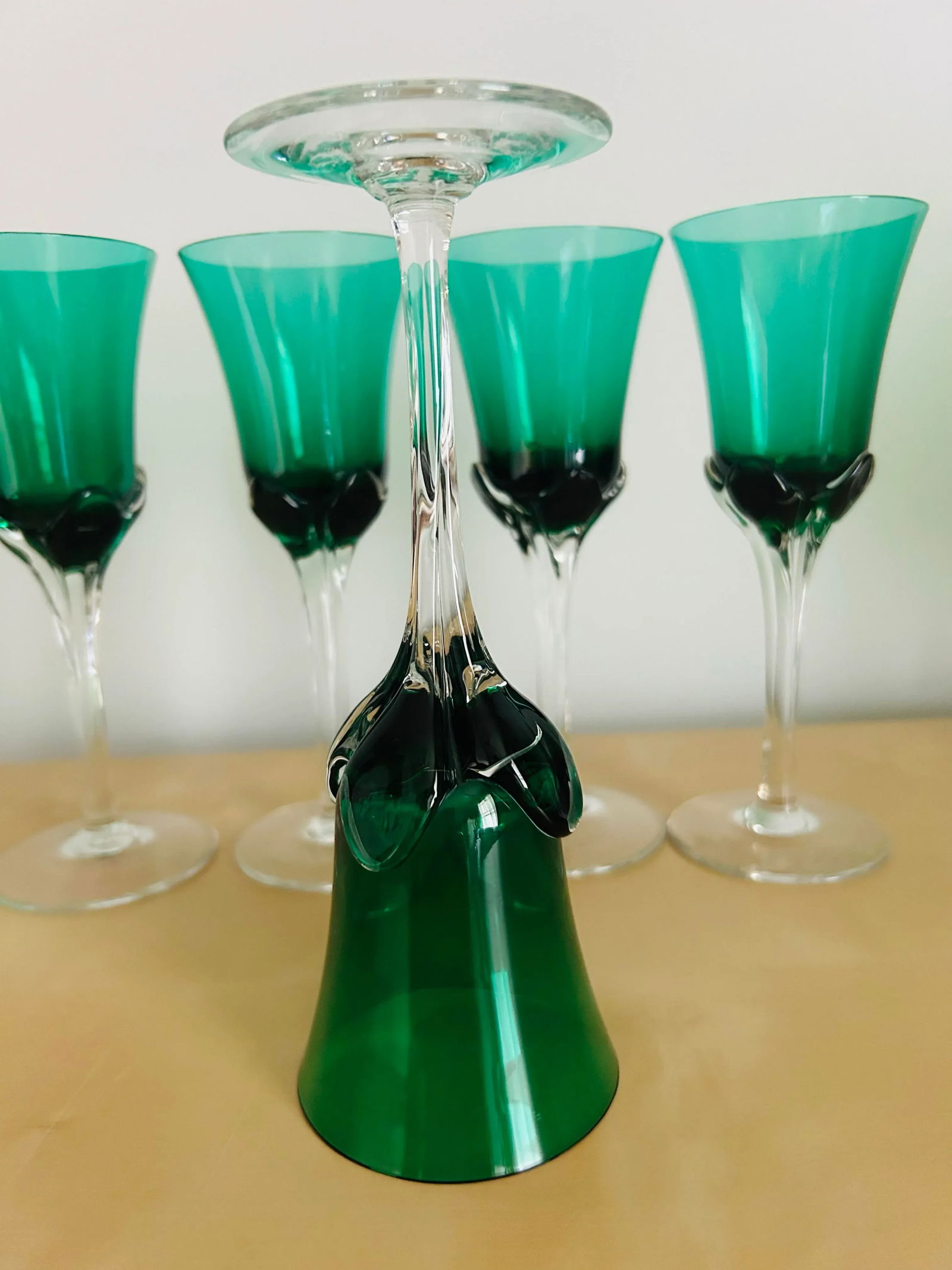 Antique Hand Blown Green Crystal Dessert Wine Glasses- Set of 5 - 8