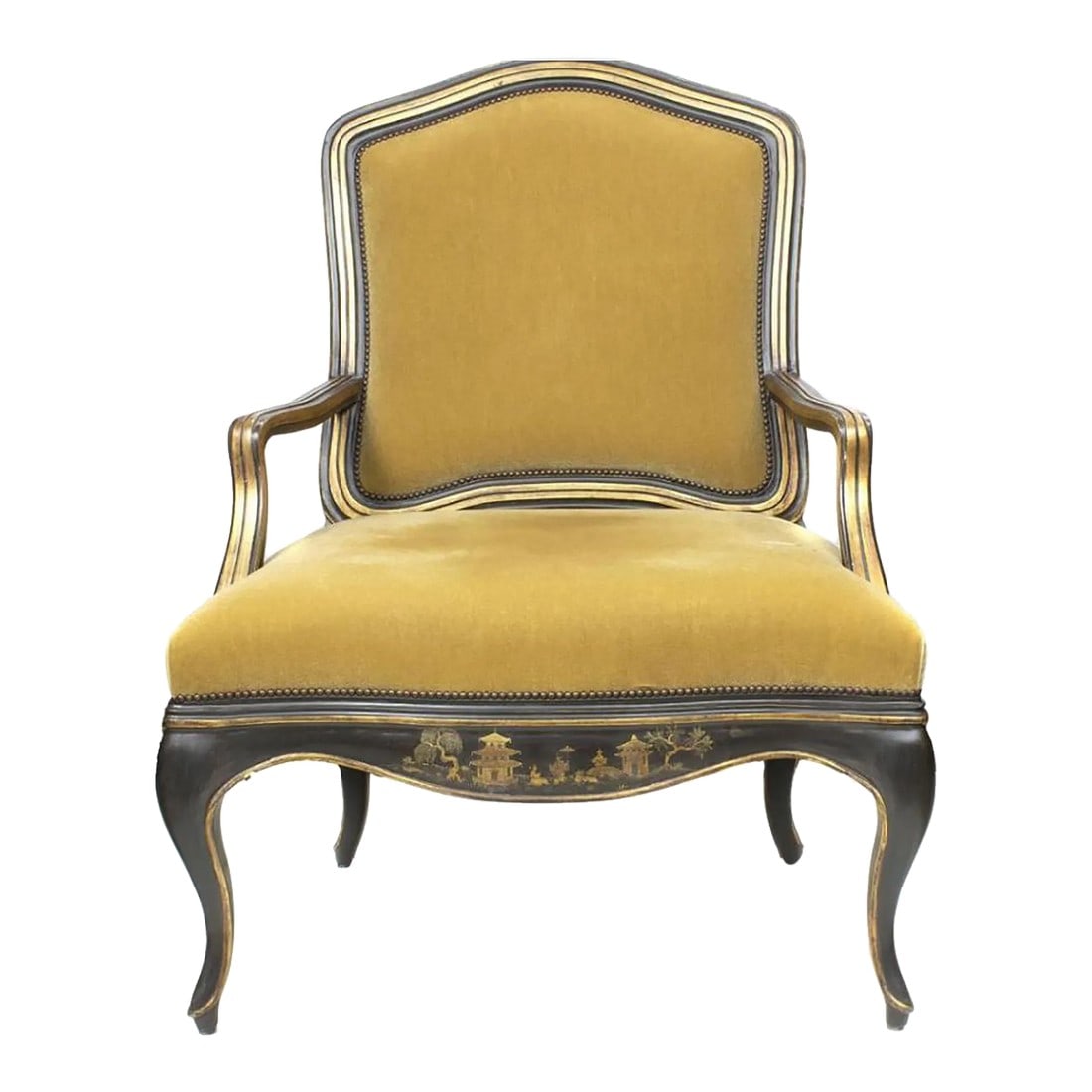 Nancy Corzine Ebonized Louis XV Armchair: A Nancy Corzine ebonized fauteuil, having a shaped crest, above golden mohair velvet upholstery with brass nail head trim, continuing to a chinoserie decorated apron, and rising on cabriole legs, Cond