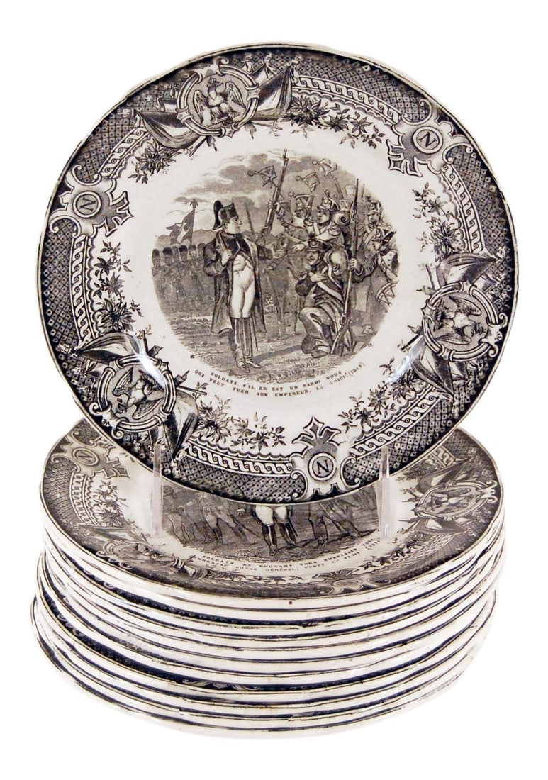 Vintage French Digoin & Sarreguemnes Faience 'Napoleon' Plates - Complete Set of 12: A compete set of 12 Sarreguemines French faience plates dedicated to Napolean. Each plate shows a unique black transfer printed numbered image and features one of his famous quotes. Very Collectable.