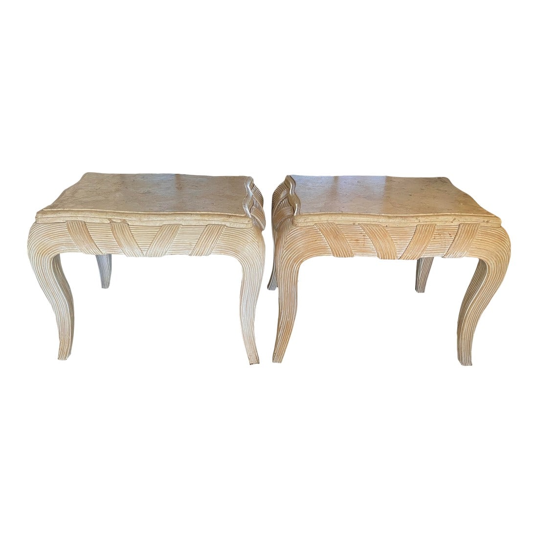1970s Beveled Travertine and Washed Rattan Side Table Pair: -Light washed rattan -Intricately wrapped rattan and curved legs -Beveled travertine slab top -Postmodern -Sold as a pair -Great condition Condition: Original Condition Unaltered; Some Imperfections;