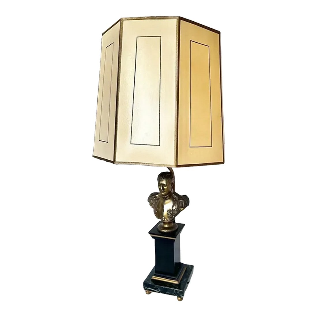 Early 20th Century Napoleon Bust Brass and Marble Table Lamp: I instantly saw this Napoleon Bust lamp styled on a bedside table draped with bracelets. Truly one of a kind and who doesn't like a small french man in a boudoir? 10" Shade is made of what feels like