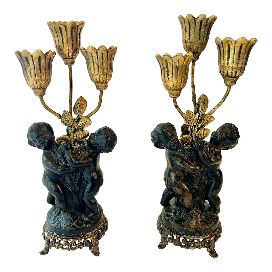 Antique French Bronze Cherub Candle Sticks- Set of 2 (1 of 6)