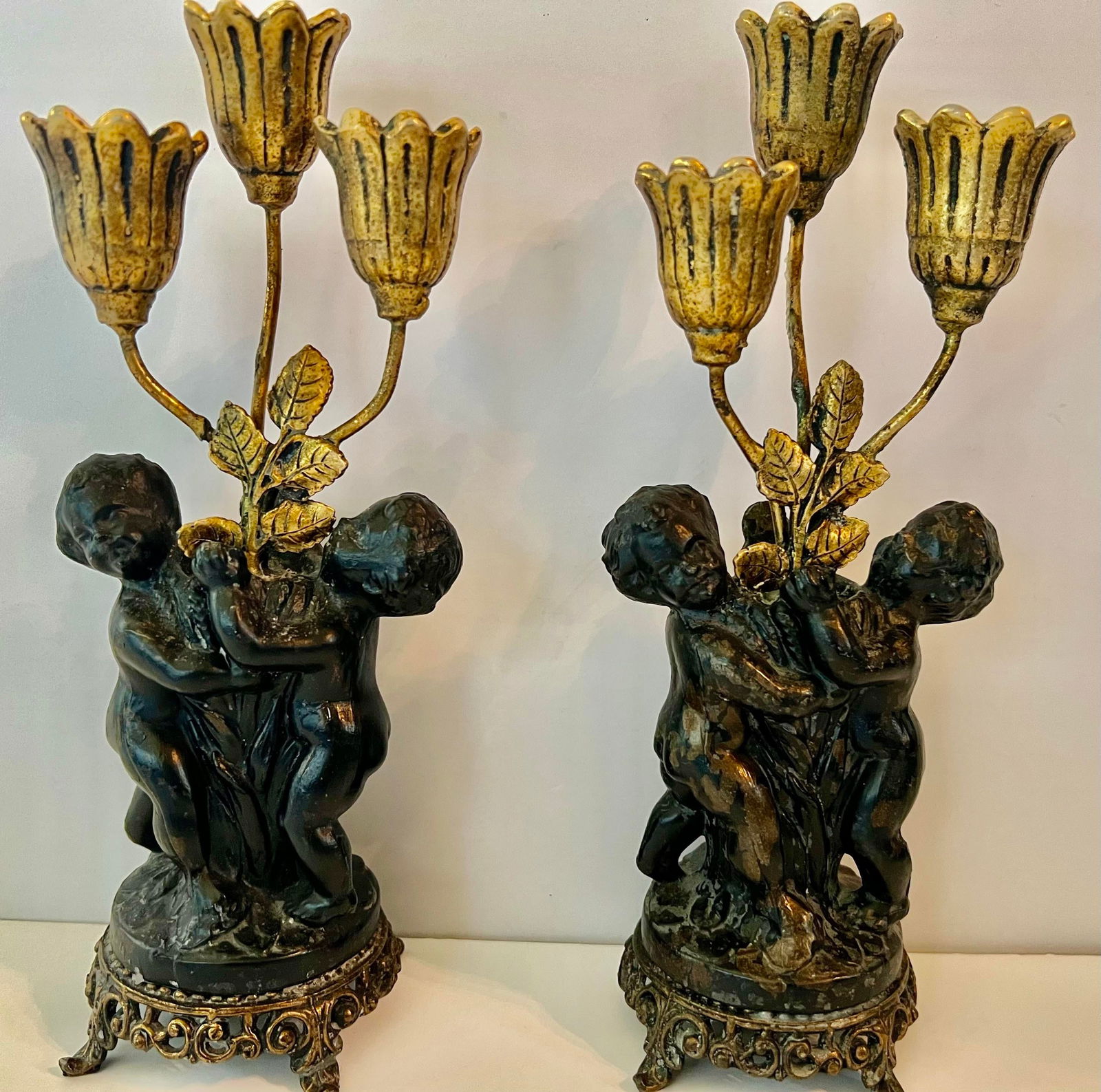 Antique French Bronze Cherub Candle Sticks- Set of 2 - 2