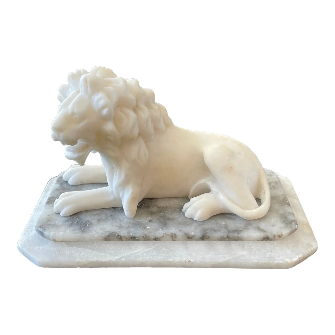 Mid 19th Century Victorian Grand Tour Carved Lion Marble Desk Paperweight: Handsome Victorian grand tour carved marble lion desk paperweight. The lion sits upon a two stepped base, veined white and veined grey marble base At its height, from around 1660-1820, the Grand