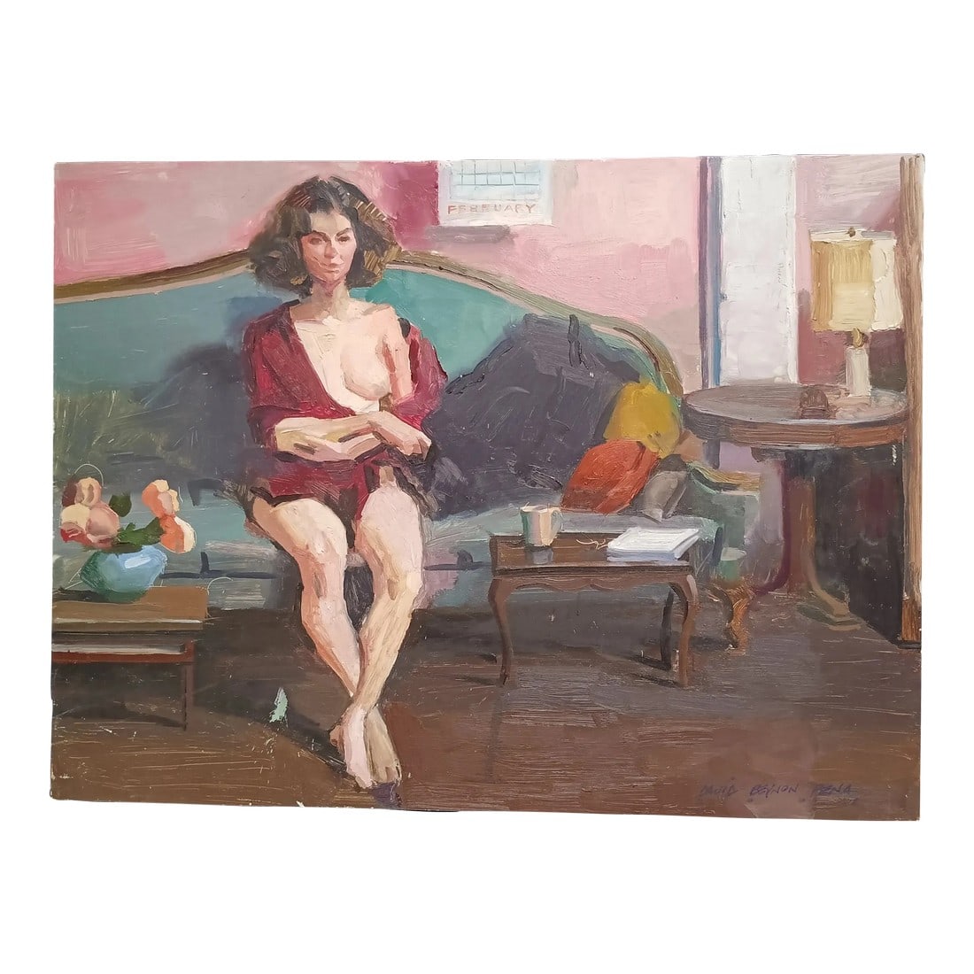 Nude on a Green Couch Original Oil Painting by David Beynon Pena: An introspective woman sits on a couch, volumes of curly hair framing her serene face with an enigmatic expression. With arms loosely crossed, she seems barely aware -and entirely unconcerned - that h