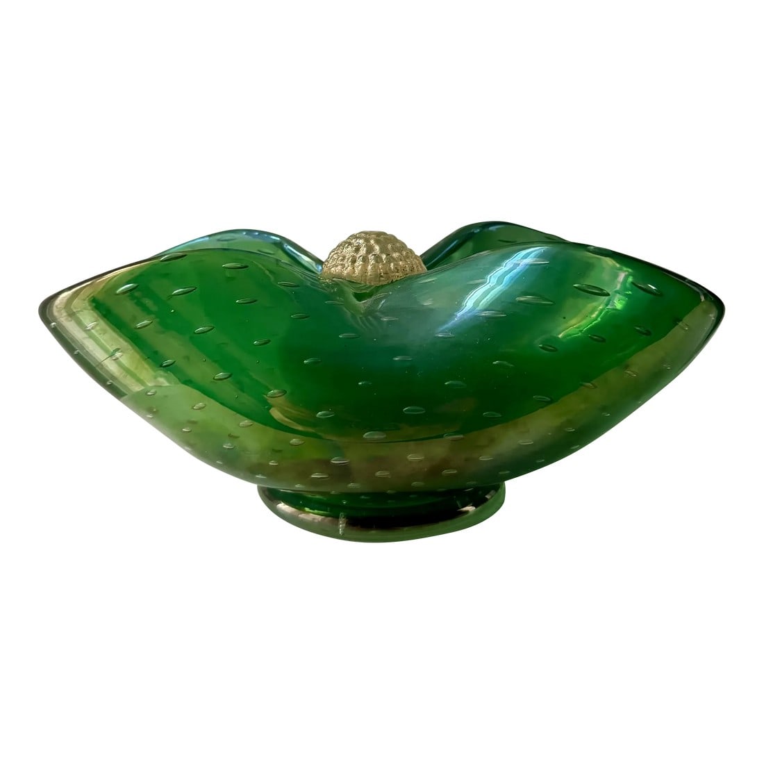 Vintage Murano Style Italian Glass Bowl Controlled Bubble Green Gold Decorative Dish: Lovely Murano Style toso (unsigned) decorative bowl with gold button detail. Excellent condition. Condition: Original Condition Unaltered; Some Imperfections; No flaws Dimensions: Height: 3.5 in. Widt