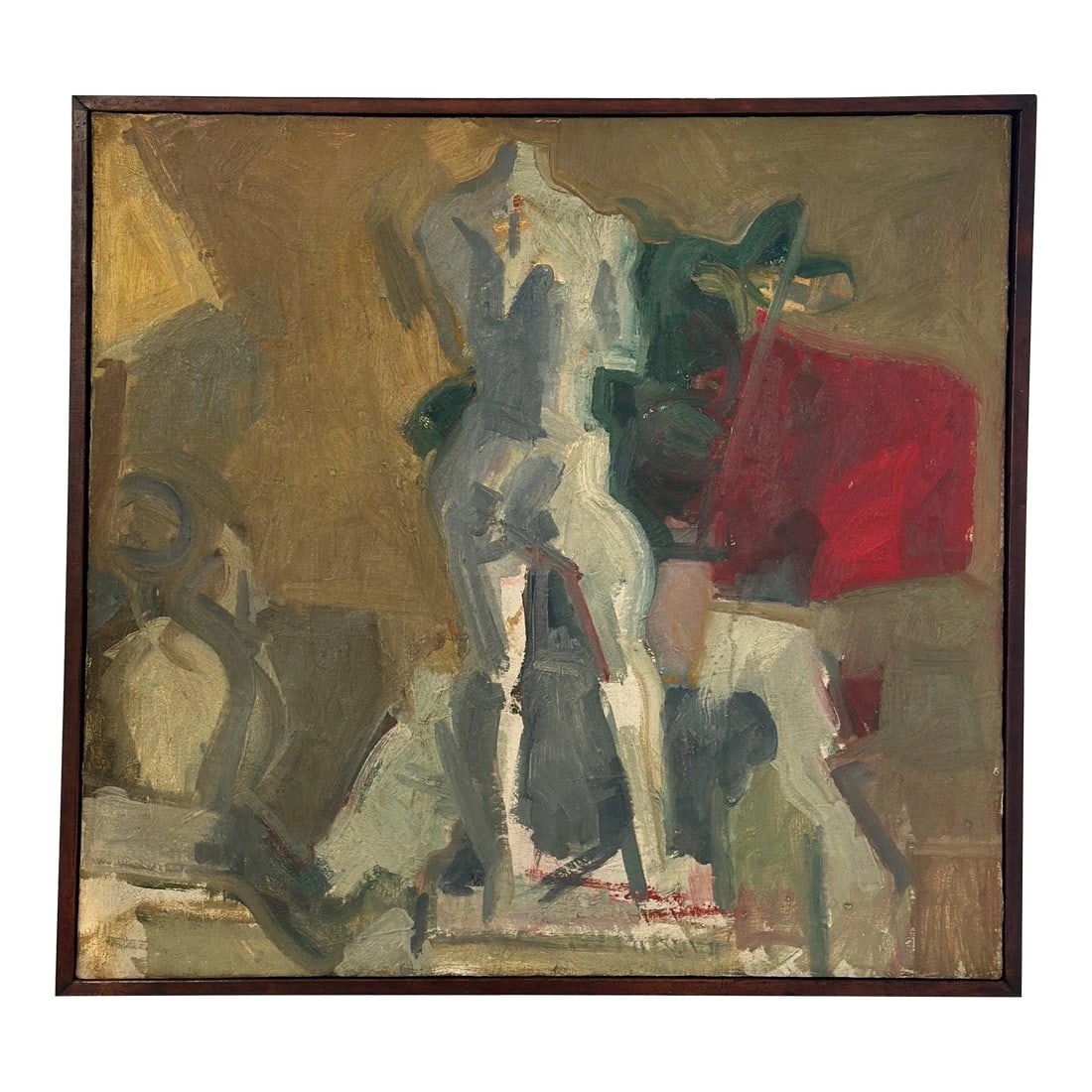 Vintage Large-Scale Still Life Painting on Canvas With Nude Sculpture, Circa 1960s: Vintage Large-Scale Still Life Painting on Canvas With Nude Sculpture, Circa 1960s. The artist employed lively brush strokes and vibrant colors to create this work. Rendered in deep greens, vibrant