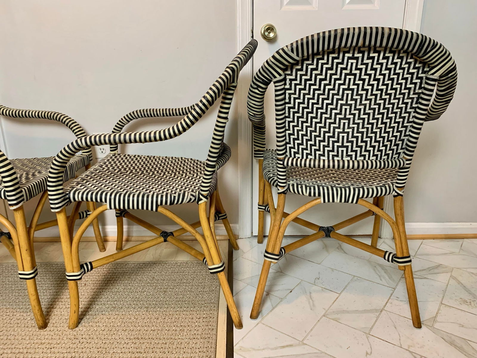 1980s Set of 4 Vintage Woven Genuine Leather Cafe Style Rattan Cafe Armchairs - 11