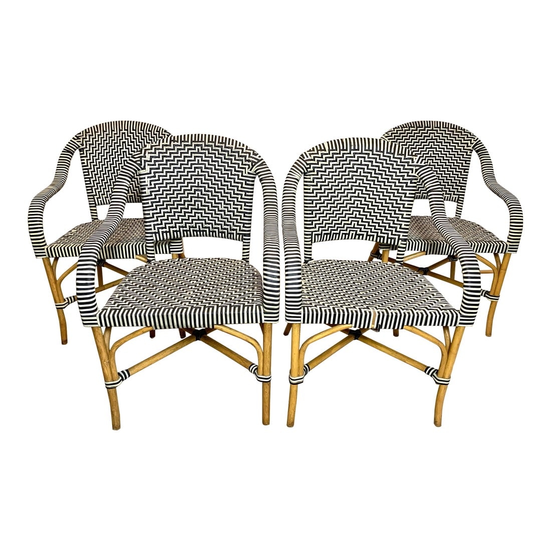 1980s Set of 4 Vintage Woven Genuine Leather Cafe Style Rattan Cafe Armchairs (1 of 12)
