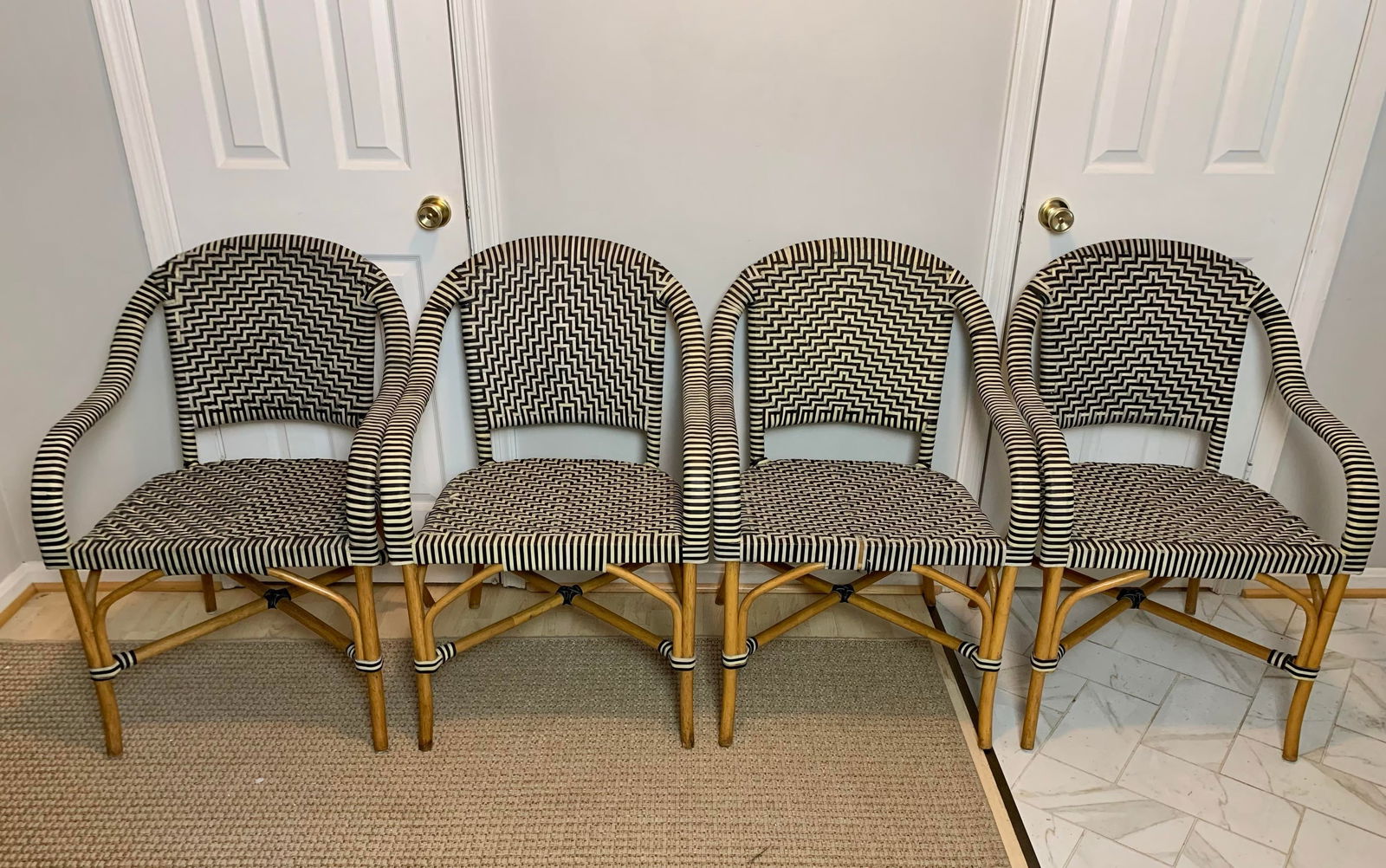 1980s Set of 4 Vintage Woven Genuine Leather Cafe Style Rattan Cafe Armchairs - 2