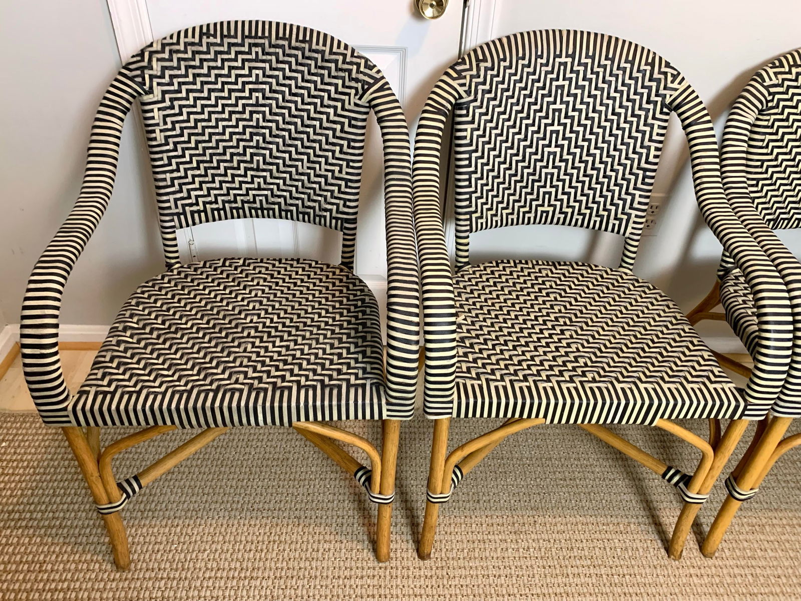 1980s Set of 4 Vintage Woven Genuine Leather Cafe Style Rattan Cafe Armchairs - 3