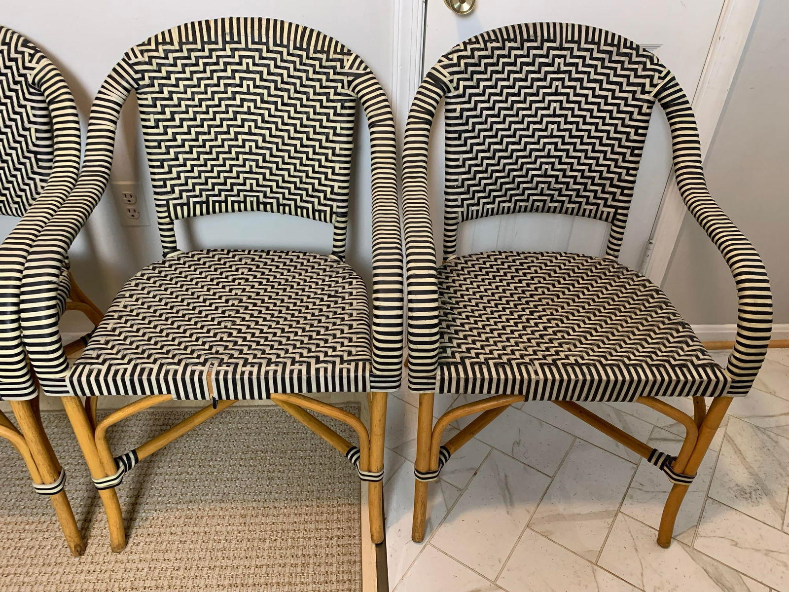 1980s Set of 4 Vintage Woven Genuine Leather Cafe Style Rattan Cafe Armchairs - 4