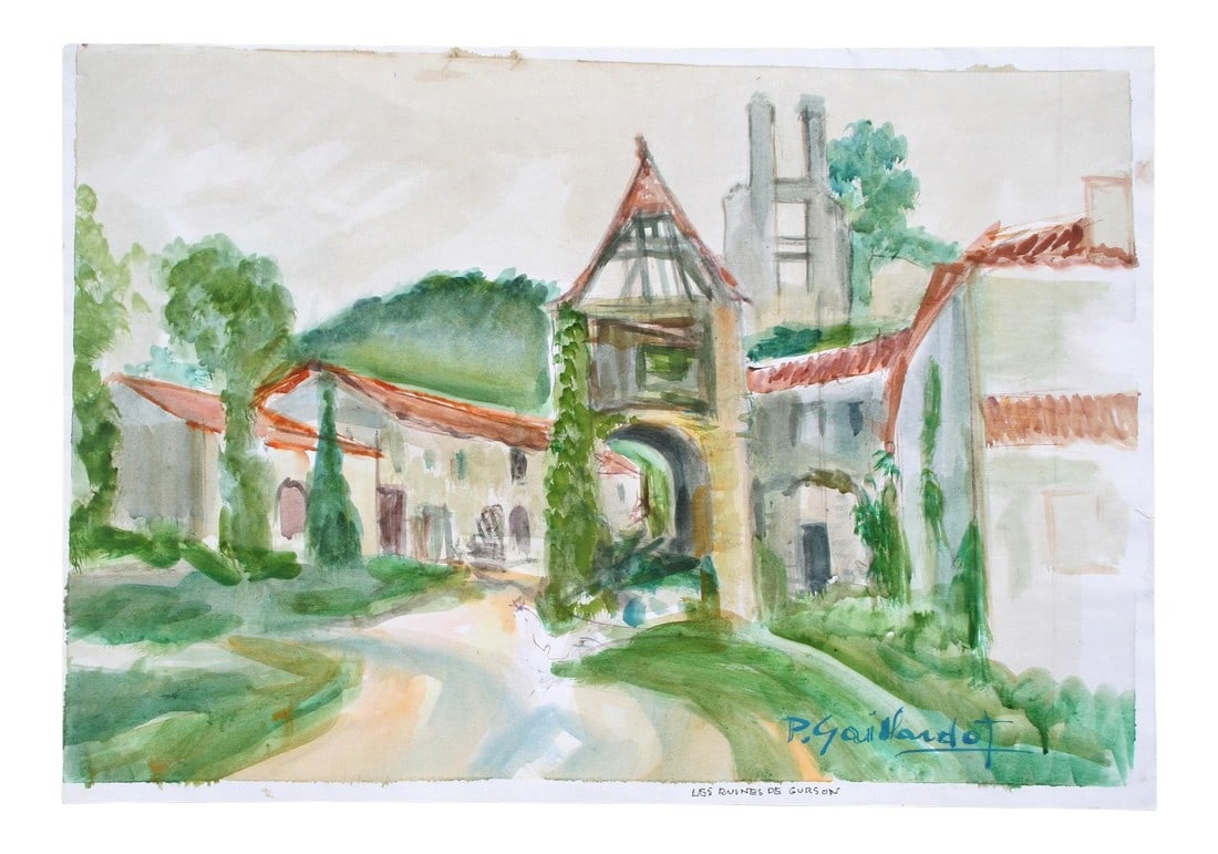 Les Ruines Du Gurson, P. Gaillardot, 1950s: Watercolor painting by Pierre Gaillardot (French, 1910-2002). Signed "P. Gaillardot" lower right. Image size without mat is 24.75" w x 16.5"h. Gaillardot exhibited at many Paris Salons, including