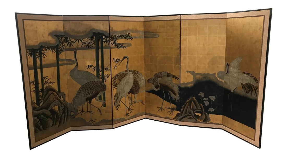 18th Century Japanese Byobu Hand Painted Cranes Watercolor Gold Leaf on Paper (1 of 8)