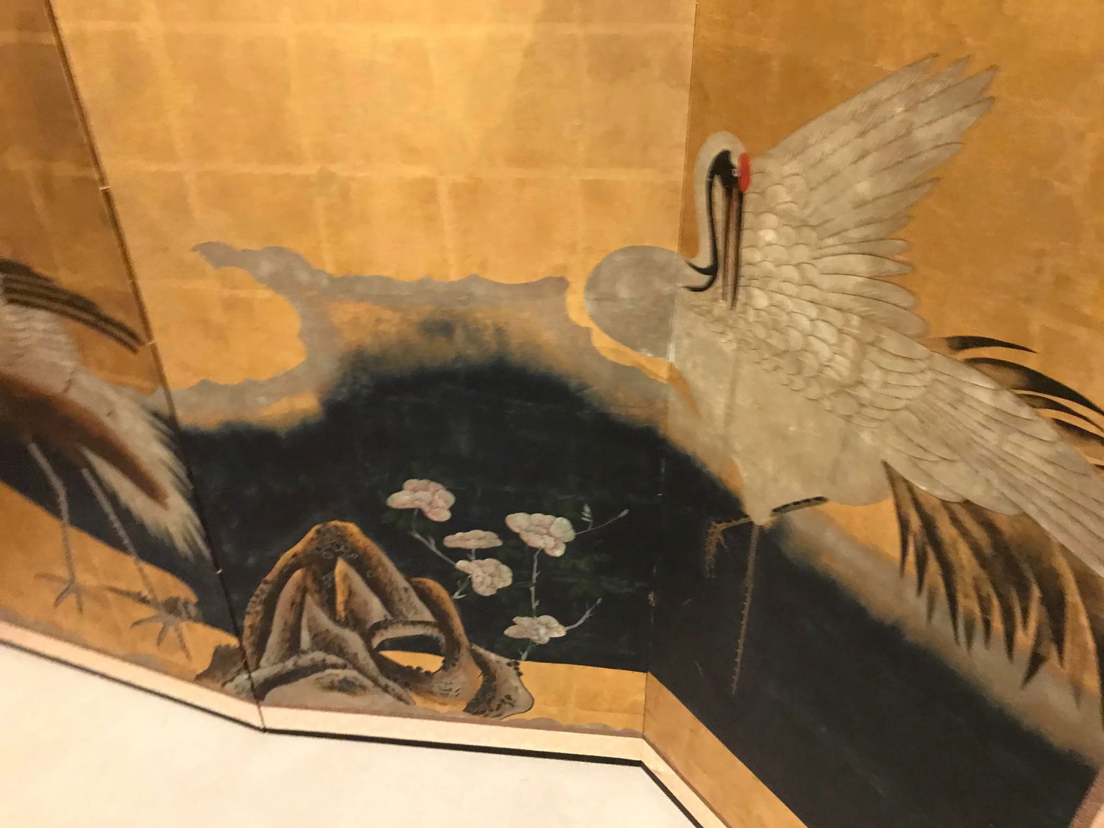 18th Century Japanese Byobu Hand Painted Cranes Watercolor Gold Leaf on Paper - 3