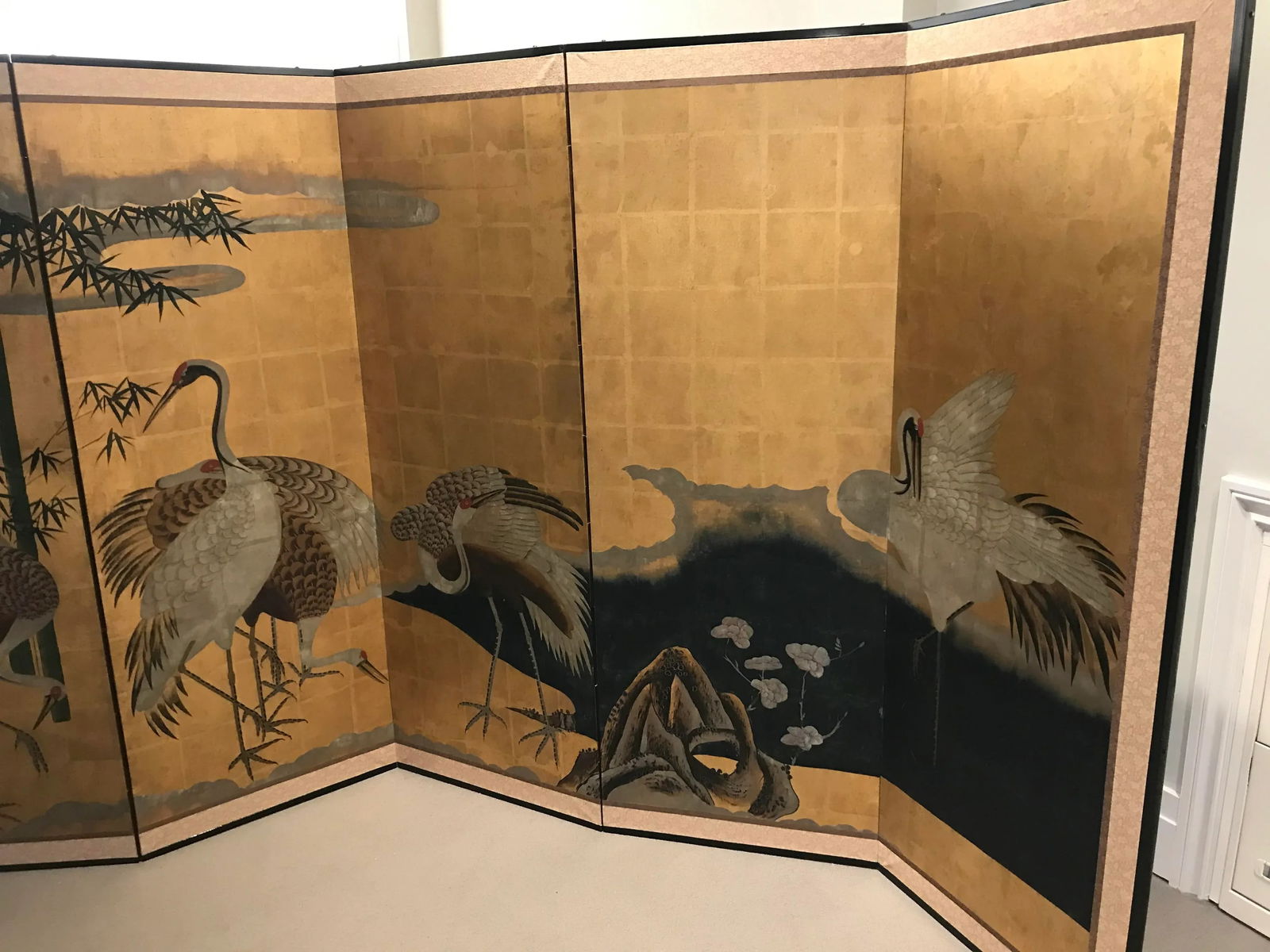 18th Century Japanese Byobu Hand Painted Cranes Watercolor Gold Leaf on Paper - 4
