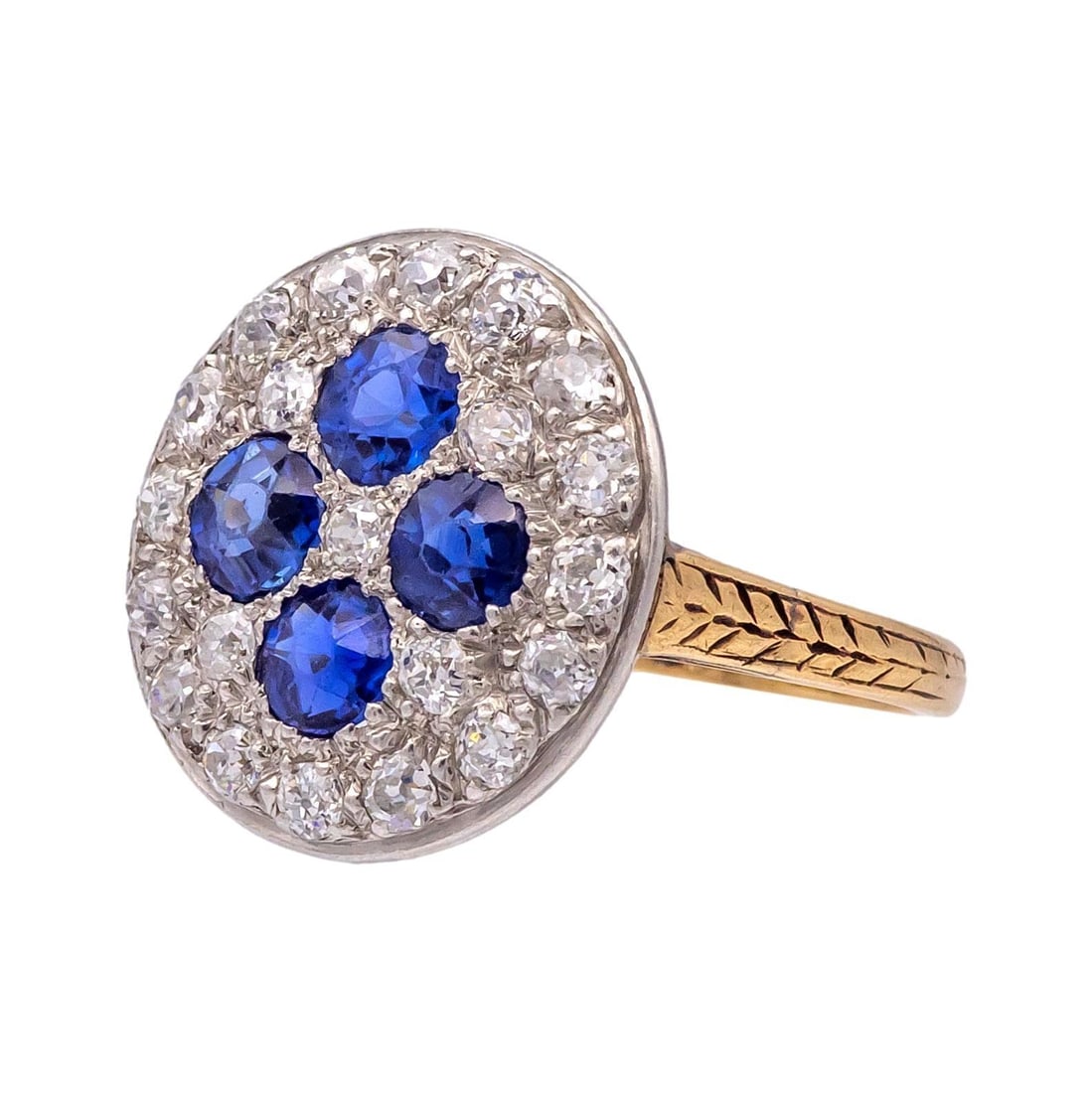 Antique 1900's Old Mine Diamond and Sapphire Platinum + 14k Yellow Gold Ring - 4