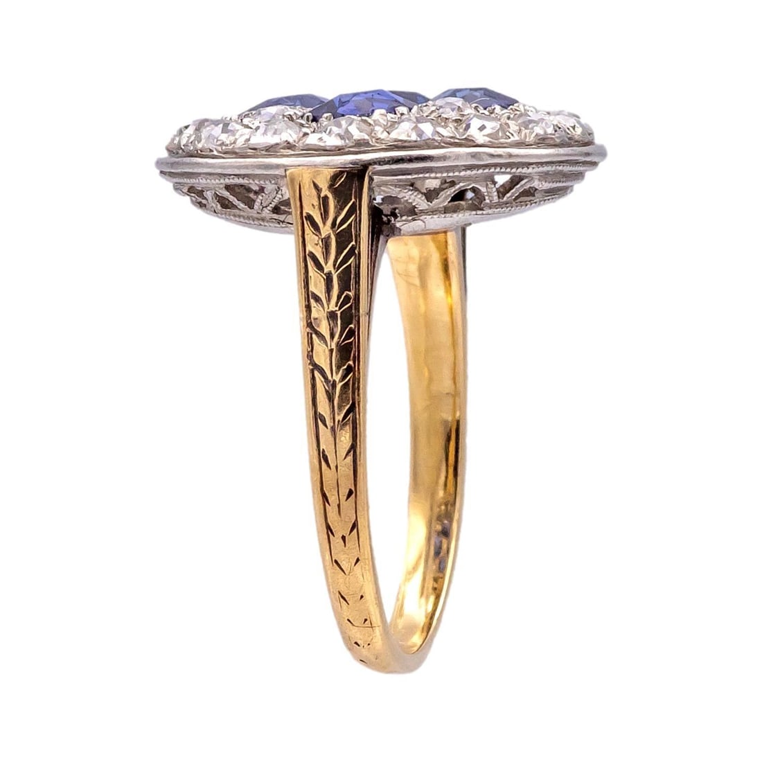 Antique 1900's Old Mine Diamond and Sapphire Platinum + 14k Yellow Gold Ring - 5