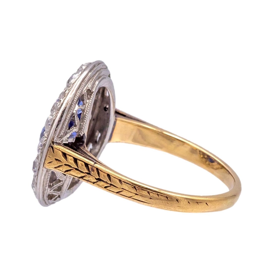 Antique 1900's Old Mine Diamond and Sapphire Platinum + 14k Yellow Gold Ring - 6