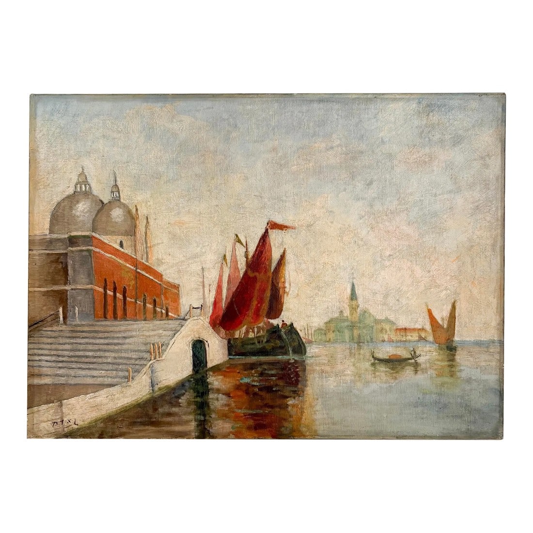 1920's Venice Italy Oil Painting, Vintage Stretched Canvas Oil Painting of Venice: This beautiful Venetian 1920's oil painting is wistful, haunting and captivating all at once. Signed by artist in bottom left corner and stretched with round head nails. Remains in good condition,