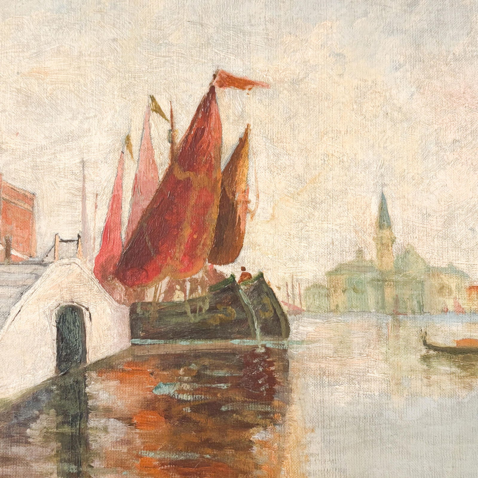 1920's Venice Italy Oil Painting, Vintage Stretched Canvas Oil Painting of Venice - 3