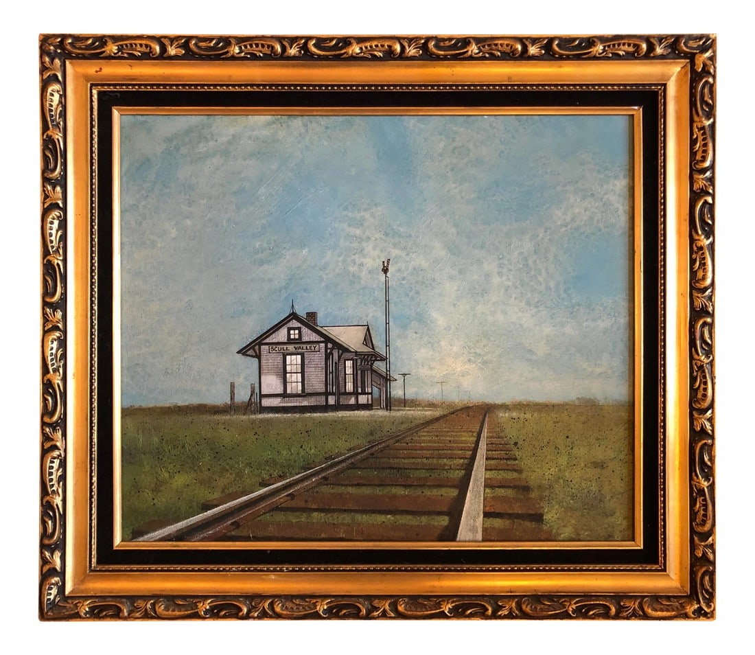 Regional Landscape Painting of the Skull Valley Train Station: Early probably 1930s oil on. Masonite landscapes painting of the Scull Valley train station. Signed by Nielson. Fresh from a Scotts Valley California estate and in fine condition mounted in a vintage