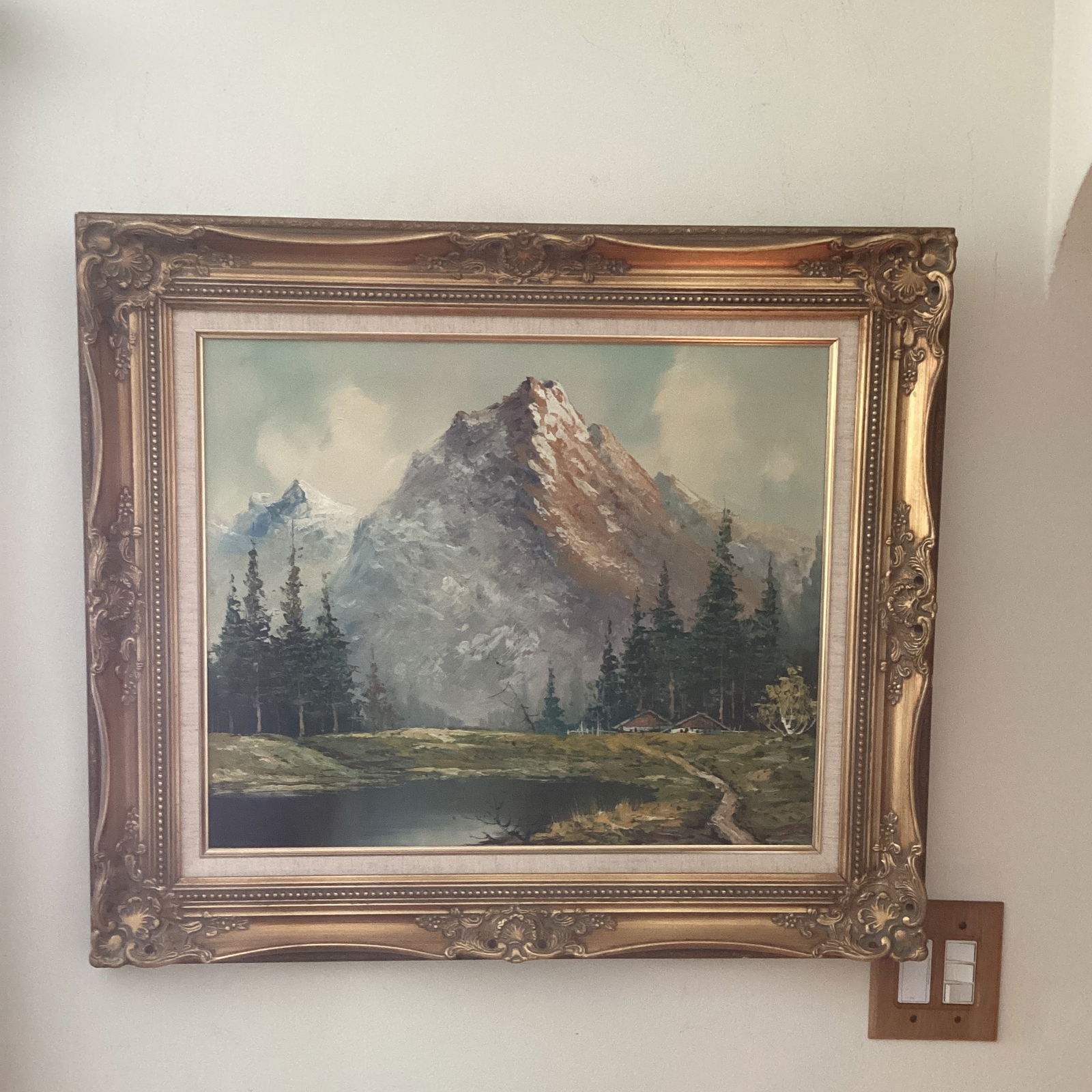 Original Painting of a Mountain Landscape with Lake and Evergreen Trees Signed Framed - 12